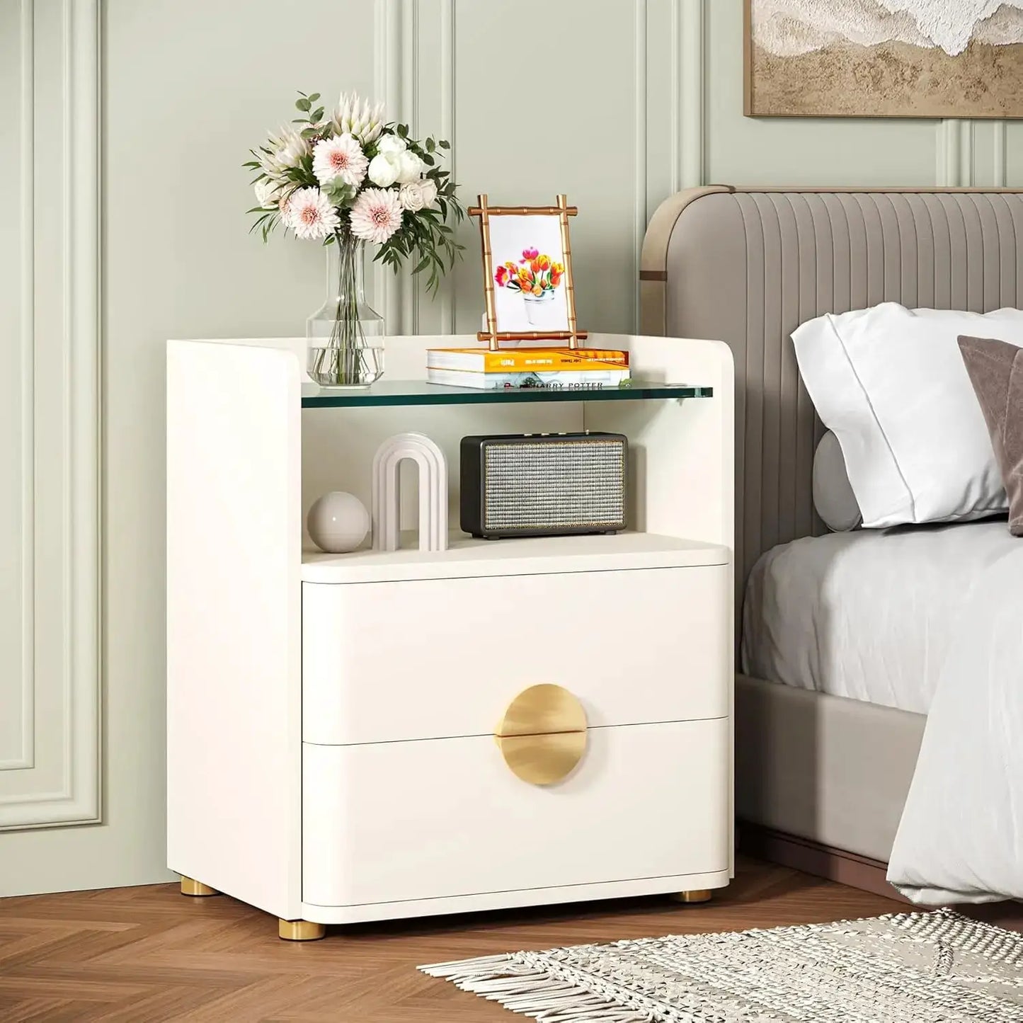Nightstand with 2 Drawers, Modern Nightstand with Open Storage Shelf, White Bed Side Table for Bedroom, Living Room from PriceLows™