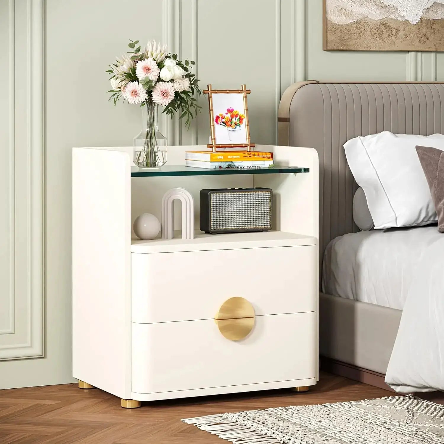 Nightstand with 2 Drawers, Modern Nightstand with Open Storage Shelf, White Bed Side Table for Bedroom, Living Room from PriceLows™