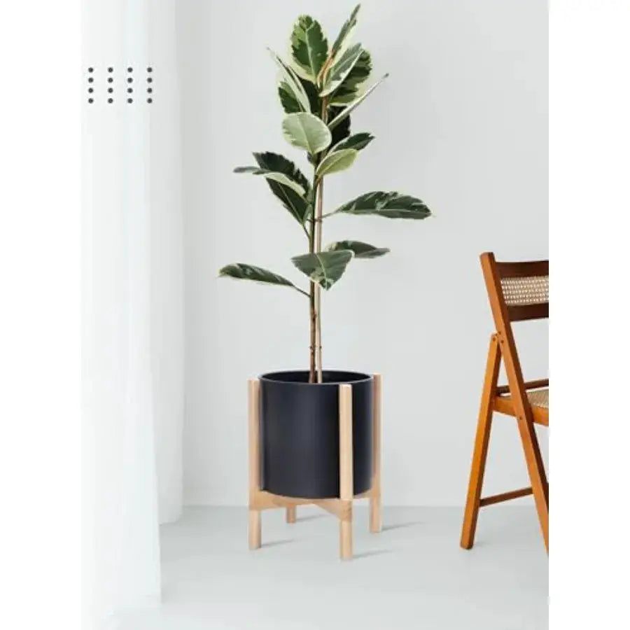 12 Inch Plastic Cylinder Planter Pot with Wooden Stand for Indoor Use Matte Black Pot + Natural Wood Holder Modern Decorative F from PriceLows™