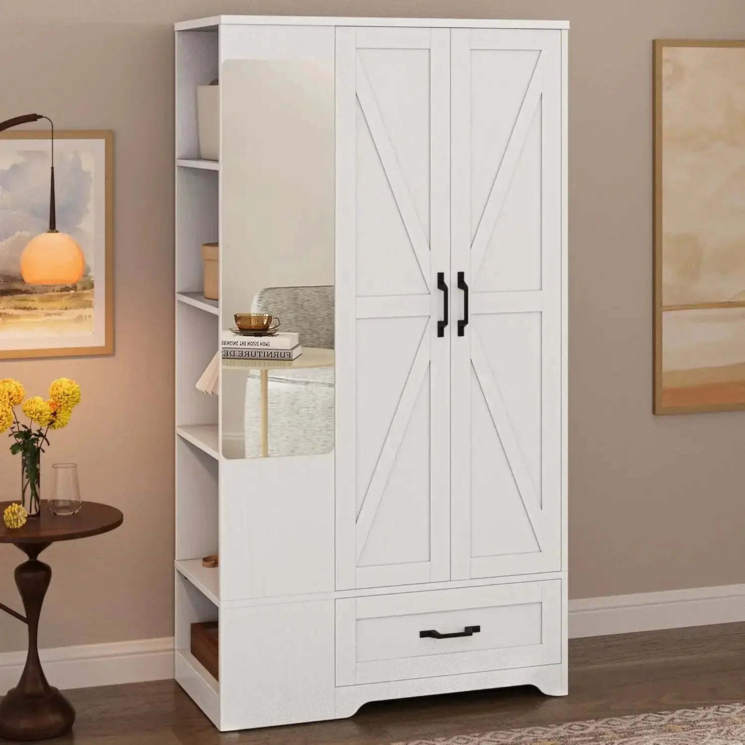 70" Tall Wardrobe Closet with Mirror, Side Shelves & Drawer, Freestanding Armoire with Hanging Rod, Barn Door Storage Cabinet, White from PriceLows™