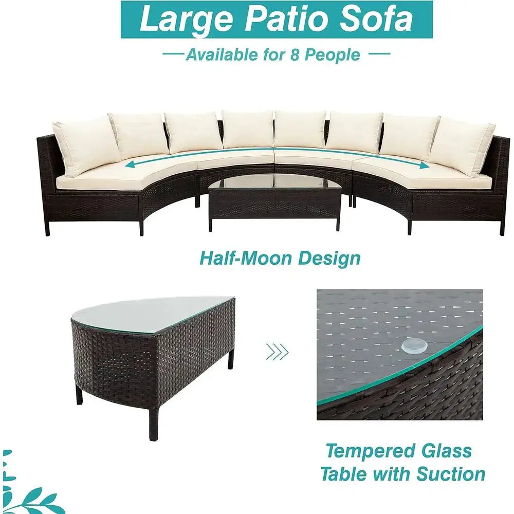 All-Weather Brown PE Rattan Half-Moon Sofa Set with Tempered Glass Table, Outdoor Patio Sectional Furniture for Garden and Pools from PriceLows™