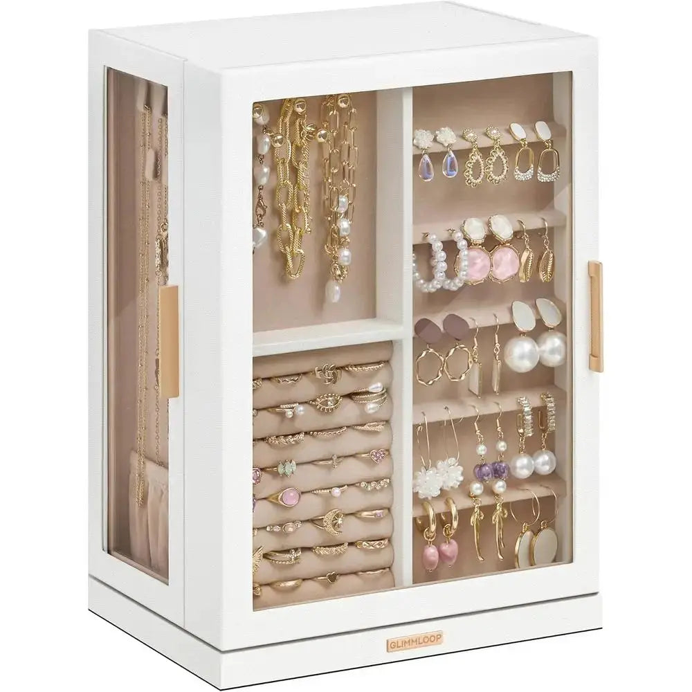 Spacious 7-Drawer Jewelry Box with Glass Lid, White, Dustproof & Moisture-Resistant from PriceLows™