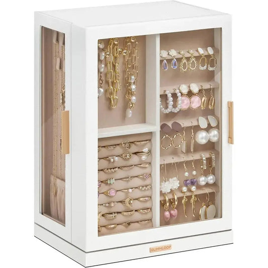 Spacious 7-Drawer Jewelry Box with Glass Lid, White, Dustproof & Moisture-Resistant from PriceLows™