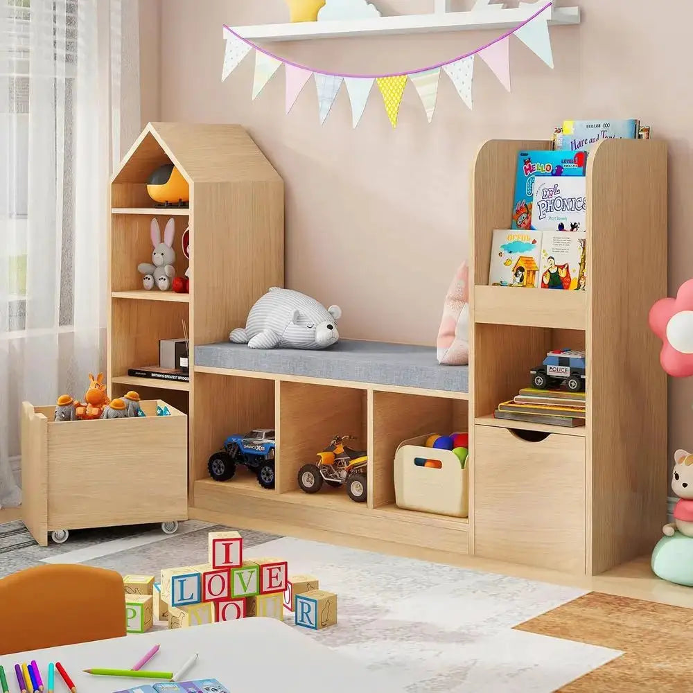 Children's Oak Bookcase with Reading Nook, 7 Storage Shelves & 2 Movable Desks, Storage for Cushions or Toys from PriceLows™