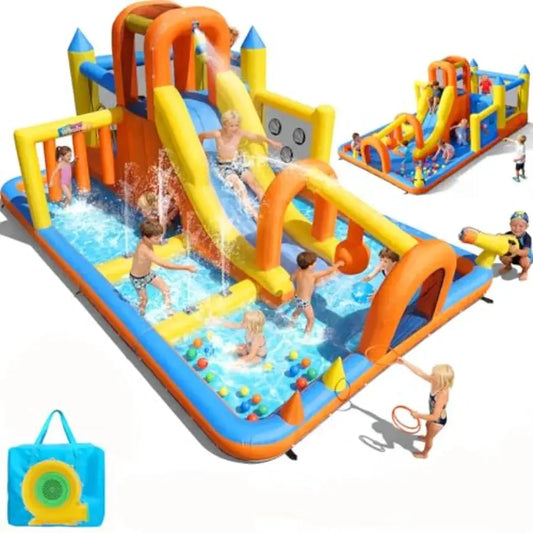 Backyard inflatable water slide bounce house for kids 3-12: 15ft mega park with long PVC slide, blue/red color, splash pool, ob from PriceLows™
