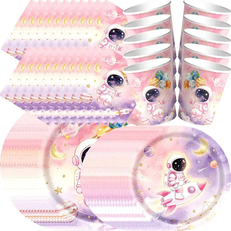 Astronaut Birthday Party Decoration Set | Pink Space | Banner Plate Cups | 61 Pcs