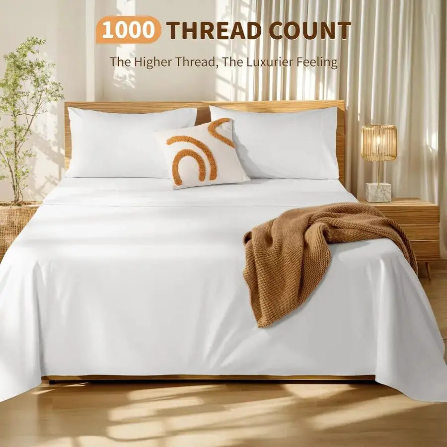 100 Cotton Sheets Set Deep Pocket Up to 1824, 1000 Thread Count Queen Size 4 Pcs Bed Sheet Sets Soft Comfortable Bedding All Sea from PriceLows™