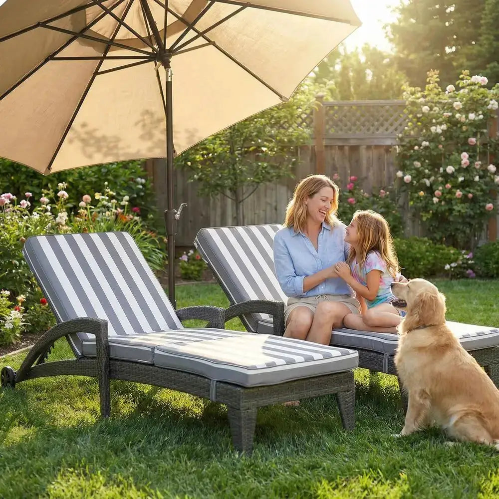 2-Piece Upholstered Adjustable Outdoor Chaise Lounge Set, 80 Long Wicker Pool Lounge Chairs with Wheels, Stripe Pattern from PriceLows™