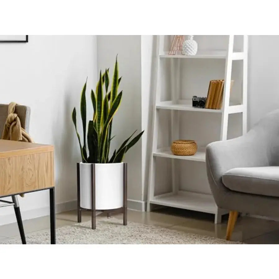 12 Inch Matte White Plastic Cylinder Planter with Walnut Wood Stand for Indoor Use Modern Decorative Flower Pot with Stable Bas from PriceLows™