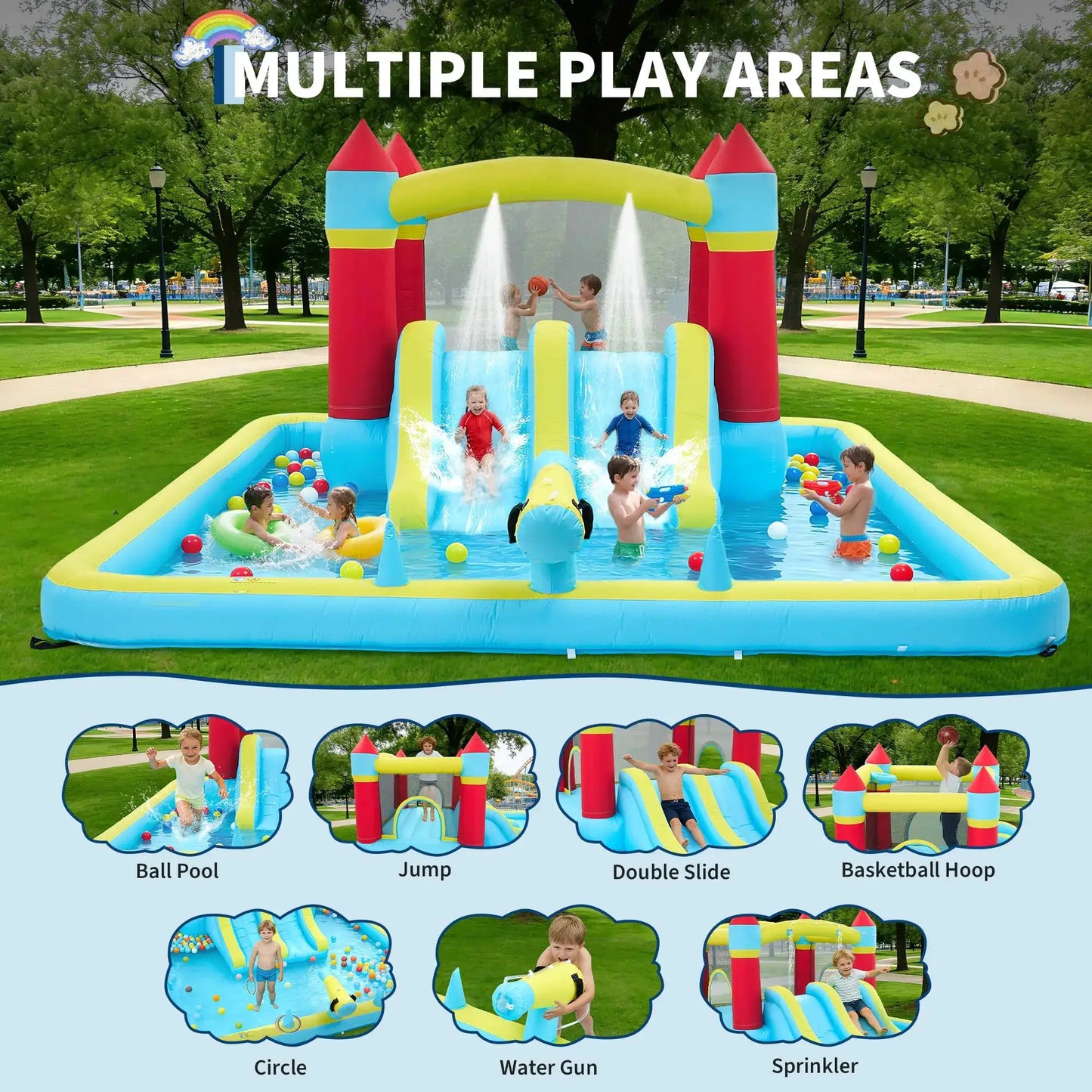 14FT Inflatable Bounce House Jump House For Kids With Slide, 350W Blower, 7-in-1 Indoor Outdoor Water Park Splash Pool from PriceLows™