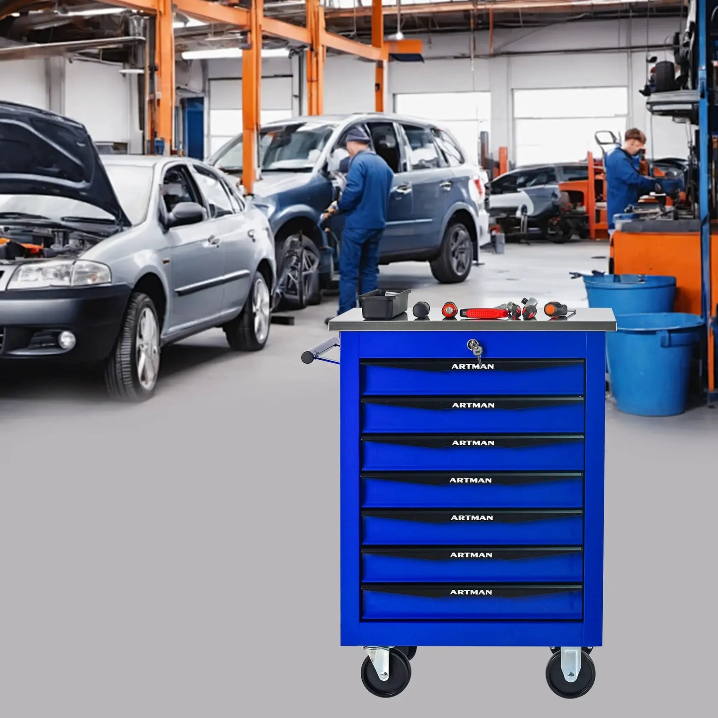 7 drawer wheeled toolbox trolley, tool cabinet, tool storage cabinet with lock and key, suitable for workshops, garages,blue from PriceLows™