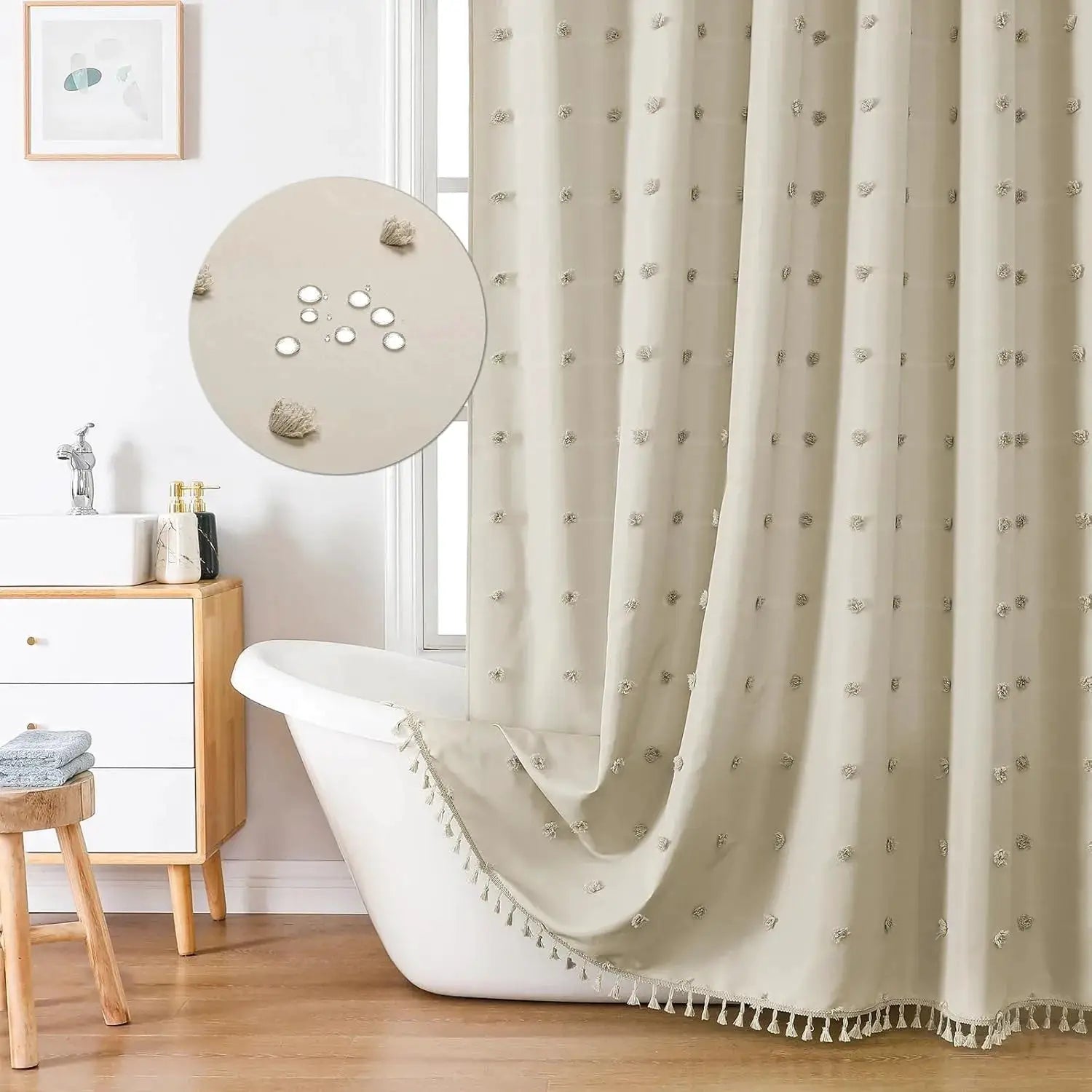 Bohemian Chic Polka Dot Shower Curtain with White Hooks - , Machine Washable Polyester Bathroom Decor from PriceLows™