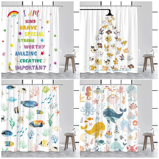 Shower Curtain Cute Cartoon Ocean Animal Print Waterproof Polyester Bath Curtain, Kids Positive Affirmation Dog Bathroom Decor w from PriceLows™
