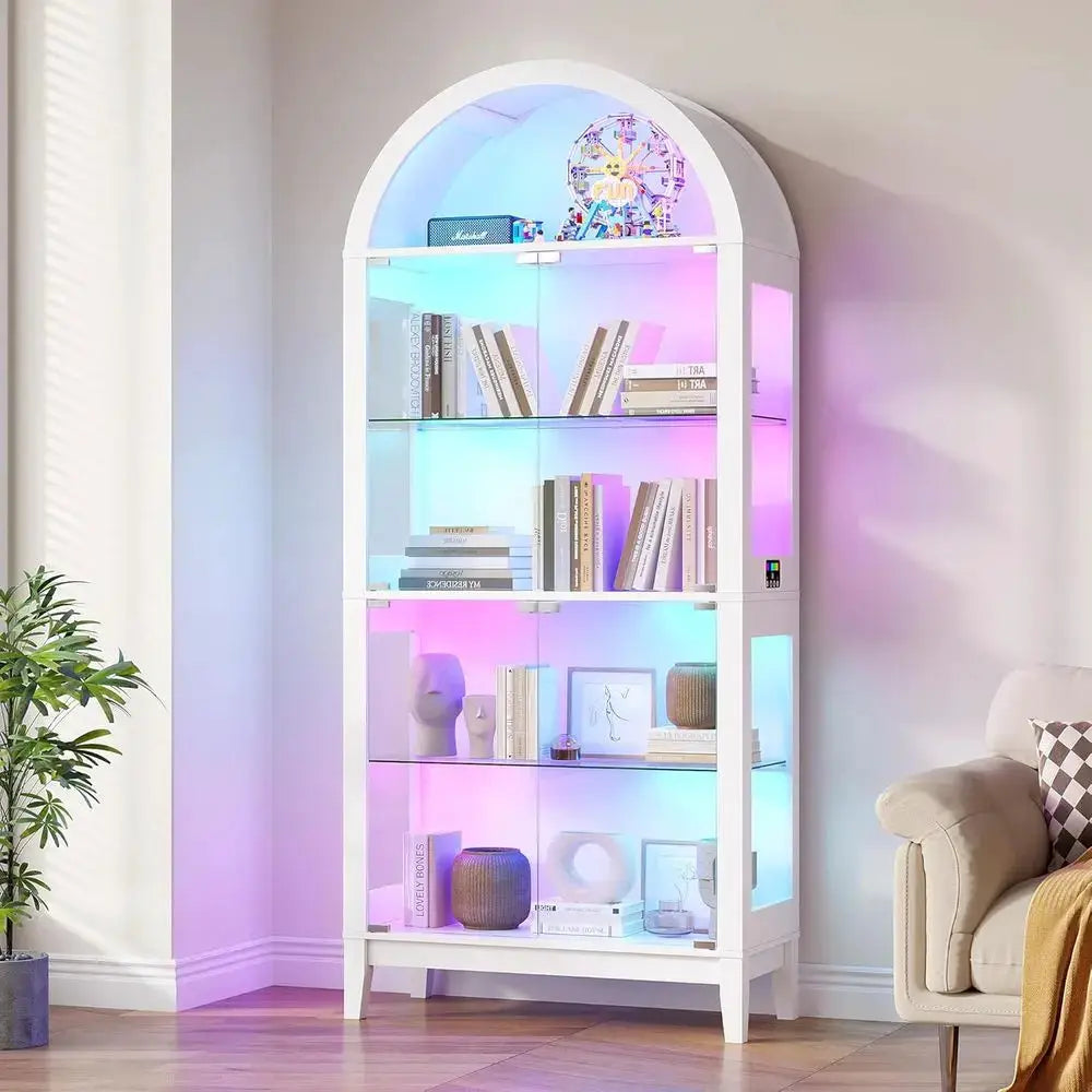 Illuminated Arched Glass Door Bookcase with 9-Cube Storage, 69 Tall, Music-Synced RGB Lights for Living & Bedroom (White) from PriceLows™