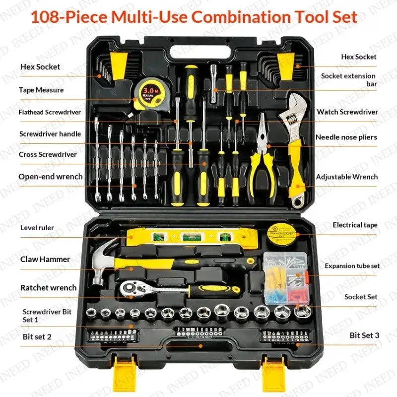 108 Pcs/set Socket Wrench Auto Repair Tool Combination Package Mixed Tool Set Hand Tool Kit with Plastic Toolbox Storage Case from PriceLows™