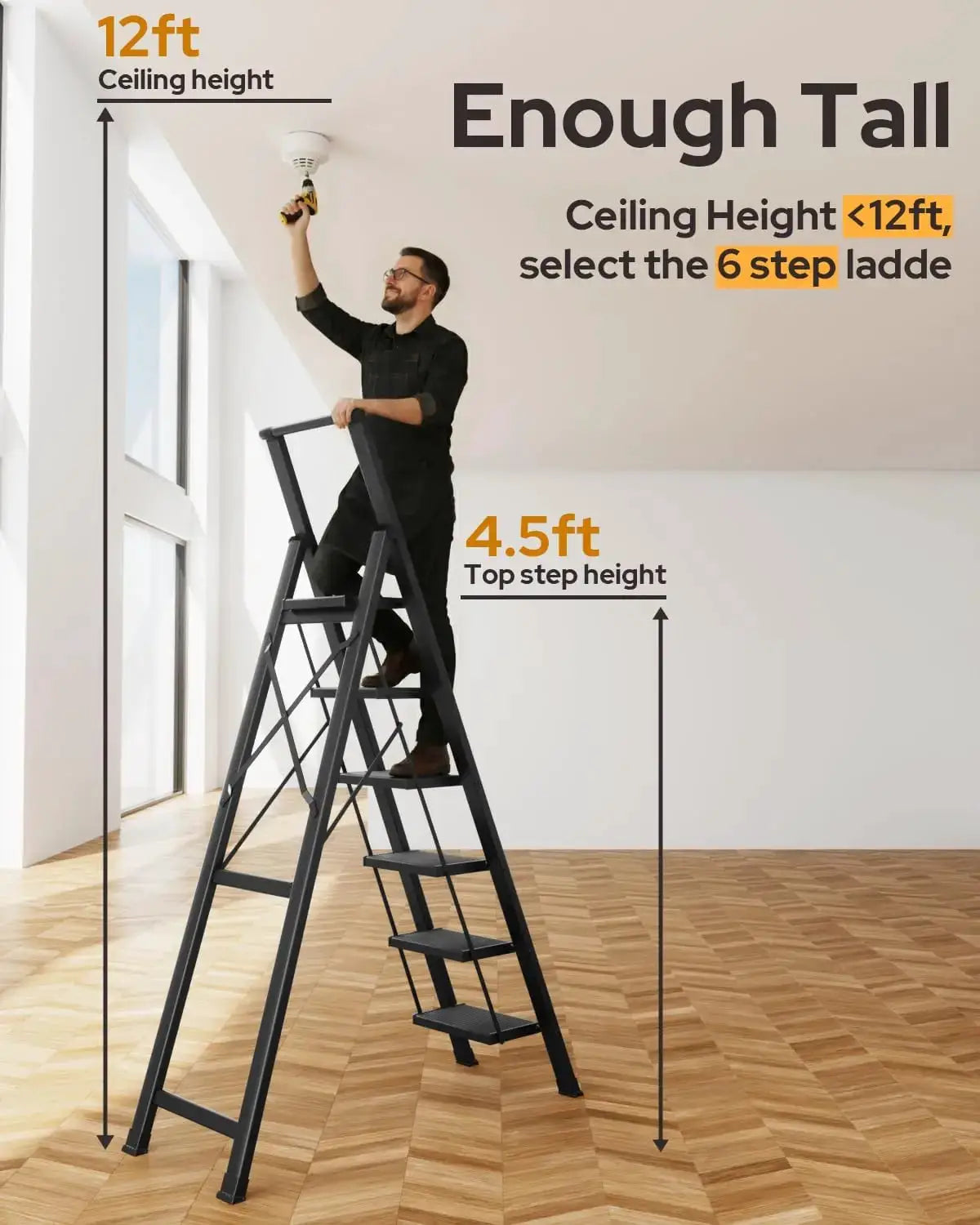6 Step Ladder for 12 Ft Ceilings, Lightweight Aluminum Folding Stool with Handgrip, Anti-Slip Wide Pedal, Space Saving - Black from PriceLows™