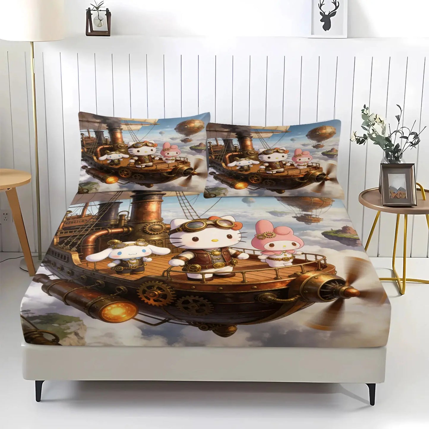 Kawaii Kuromi Cool Blue Fitted Sheet Sanrio Graffiti Print Bed Sheet Set with Pillowcases Anime Edgy Bedding Mattress Cover from PriceLows™