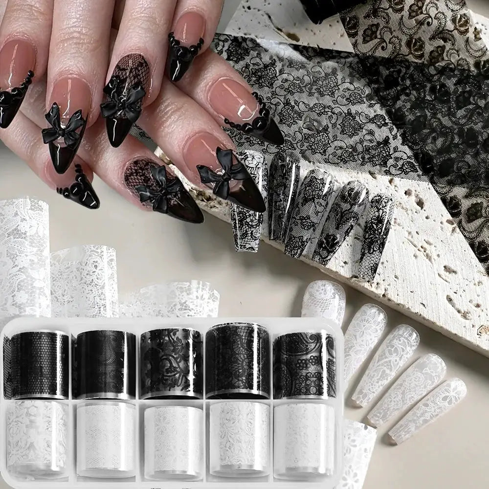 10rolls Mixed Black&White Lace Nail Transfer Foils Sticker Set Sexy Lace Flower Pattern Nail Stickers For women Manicure Decor#% from PriceLows™