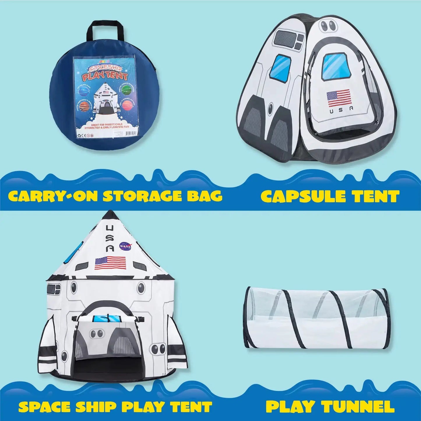 Joyfy Rocket Ship Play Tents Set Pop up Play house with Tunnel 3-Piece Play Tent for Kids Pretend Play Birthday Gift from PriceLows™
