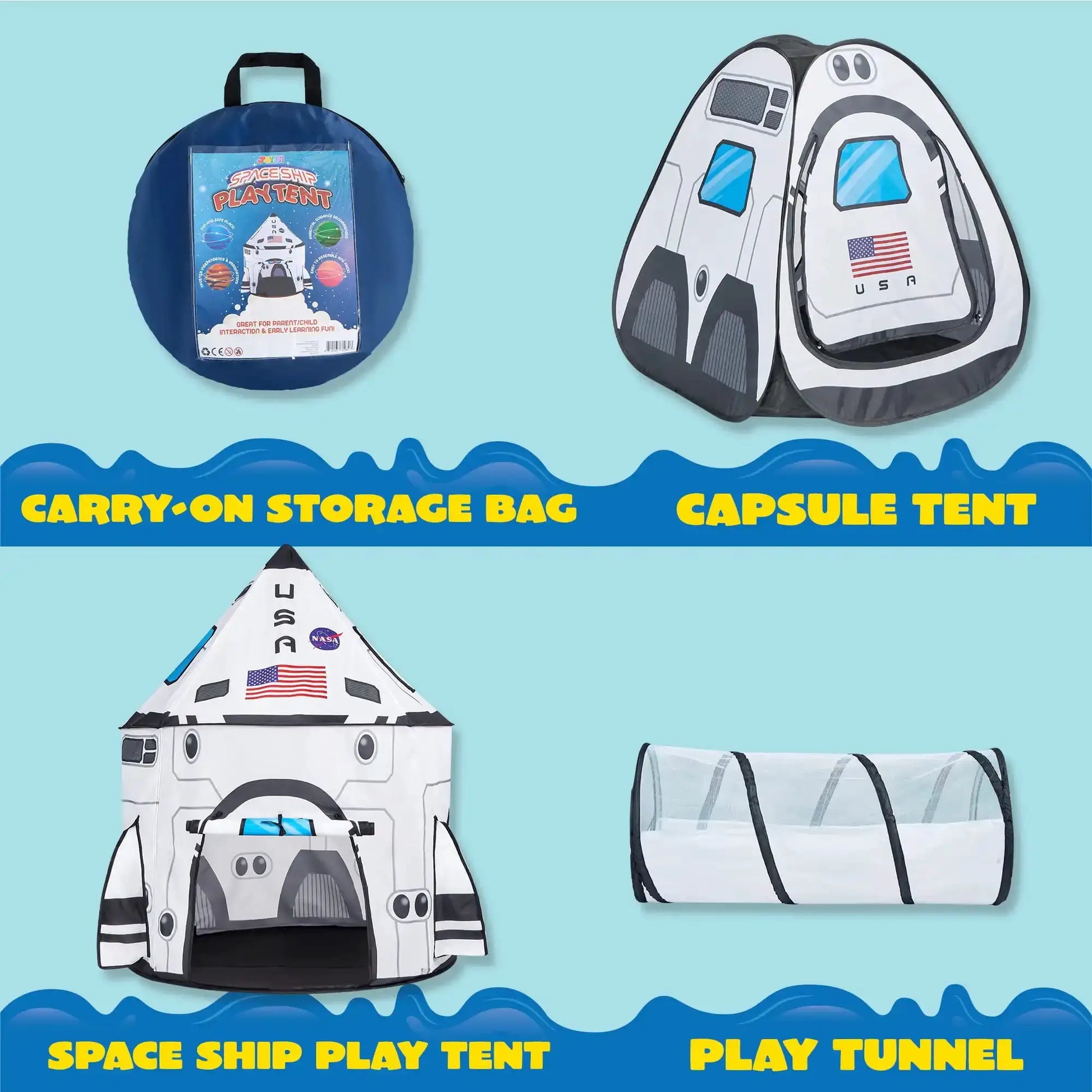 Joyfy Rocket Ship Play Tents Set Pop up Play house with Tunnel 3-Piece Play Tent for Kids Pretend Play Birthday Gift from PriceLows™