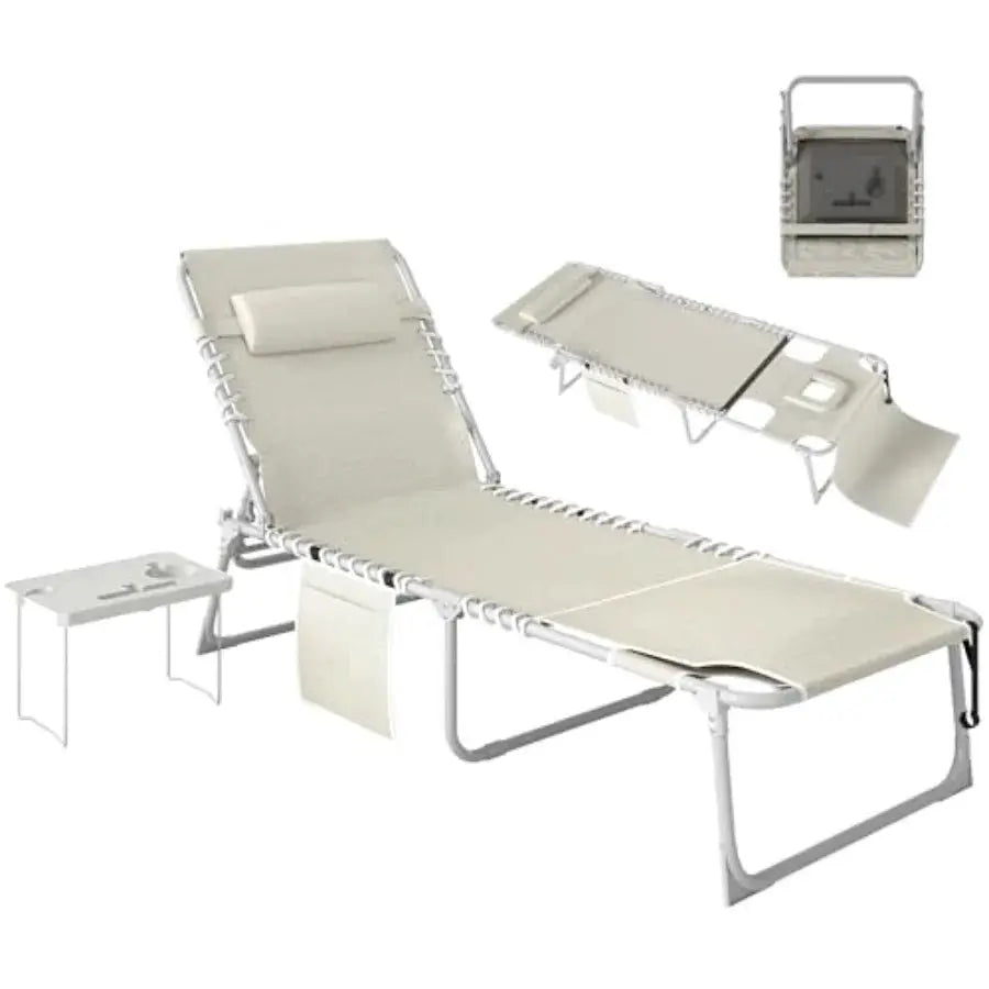 Outdoor tanning chair with face hole and side table, beige breathable mesh, 5-position reclining folding chaise lounge for beac from PriceLows™
