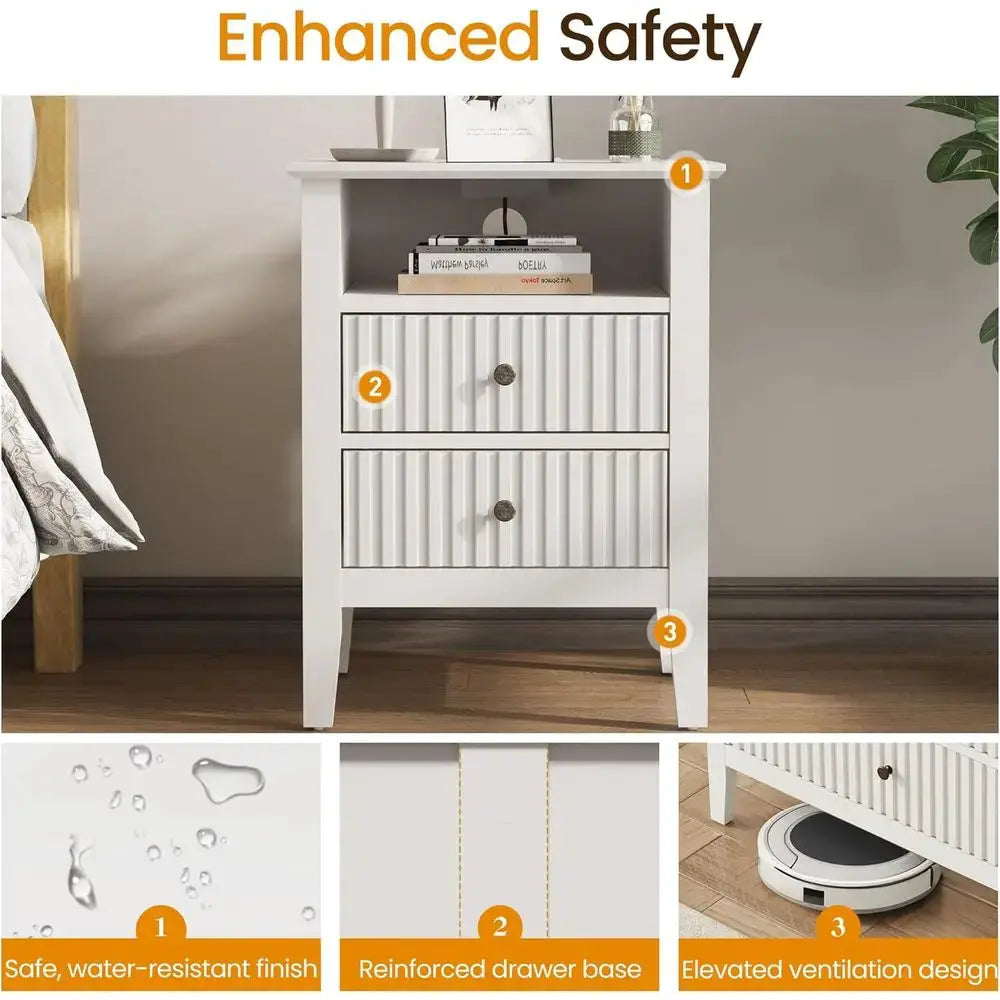 Dual Drawer White Nightstand Set with Charging Station and Storage Shelf for Bedroom from PriceLows™