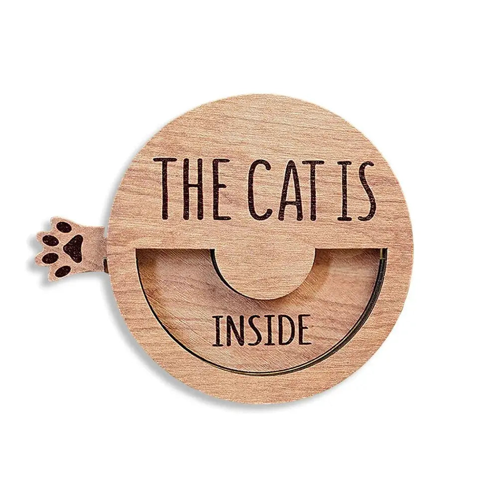 Cat Door Sign | Round Wood Magnet | 7.6 cm Diameter | White Brown