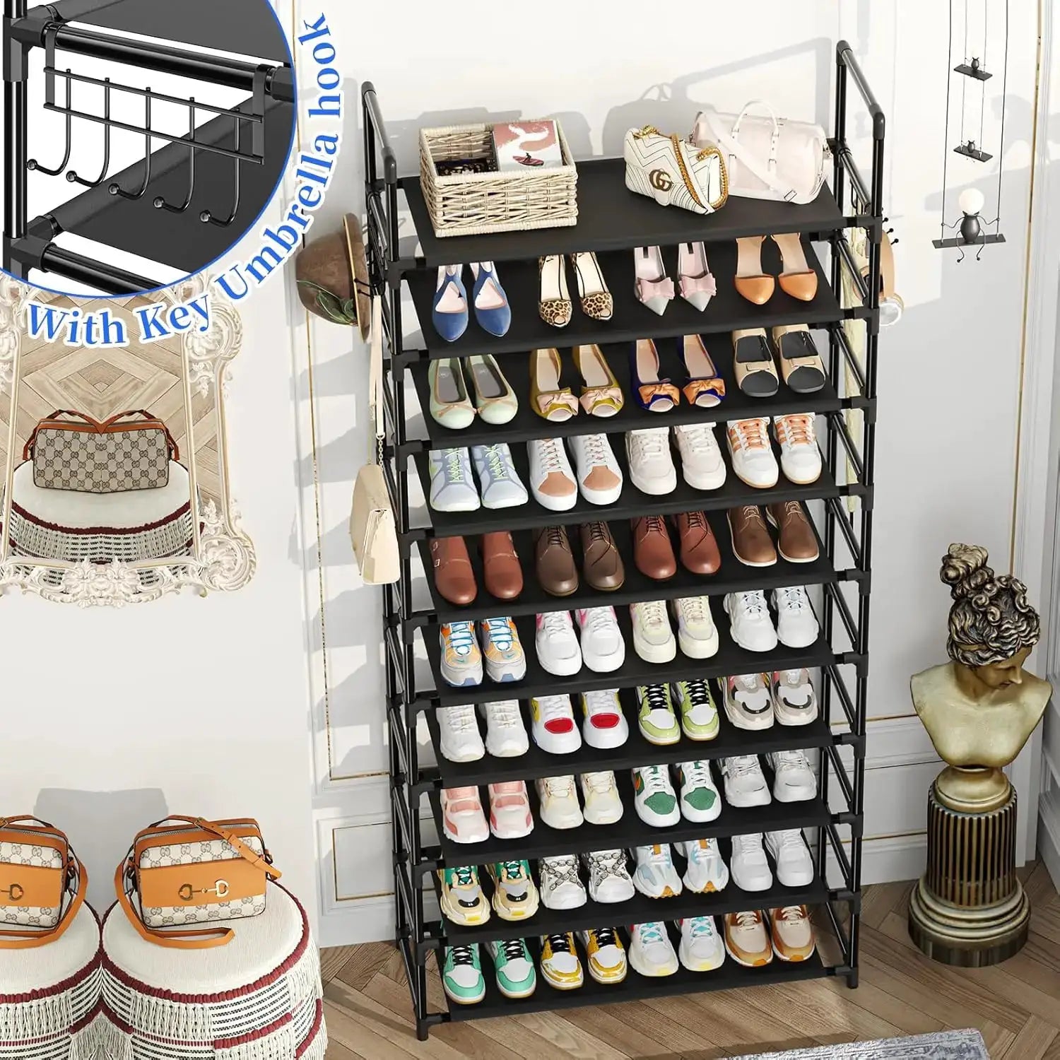 Simple Trending Tall Shoe Rack Storage Holds 40 Pairs, 10 Tier Shoe Organizer Shelf Large Capacity for Entryway Closet, Black from PriceLows™