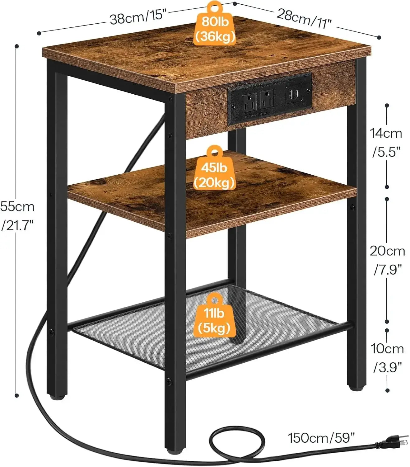 Compact Side Table With Charging Station, USB Ports & Adjustable Shelves For Living Room, Bedroom – Rustic Brown from PriceLows™