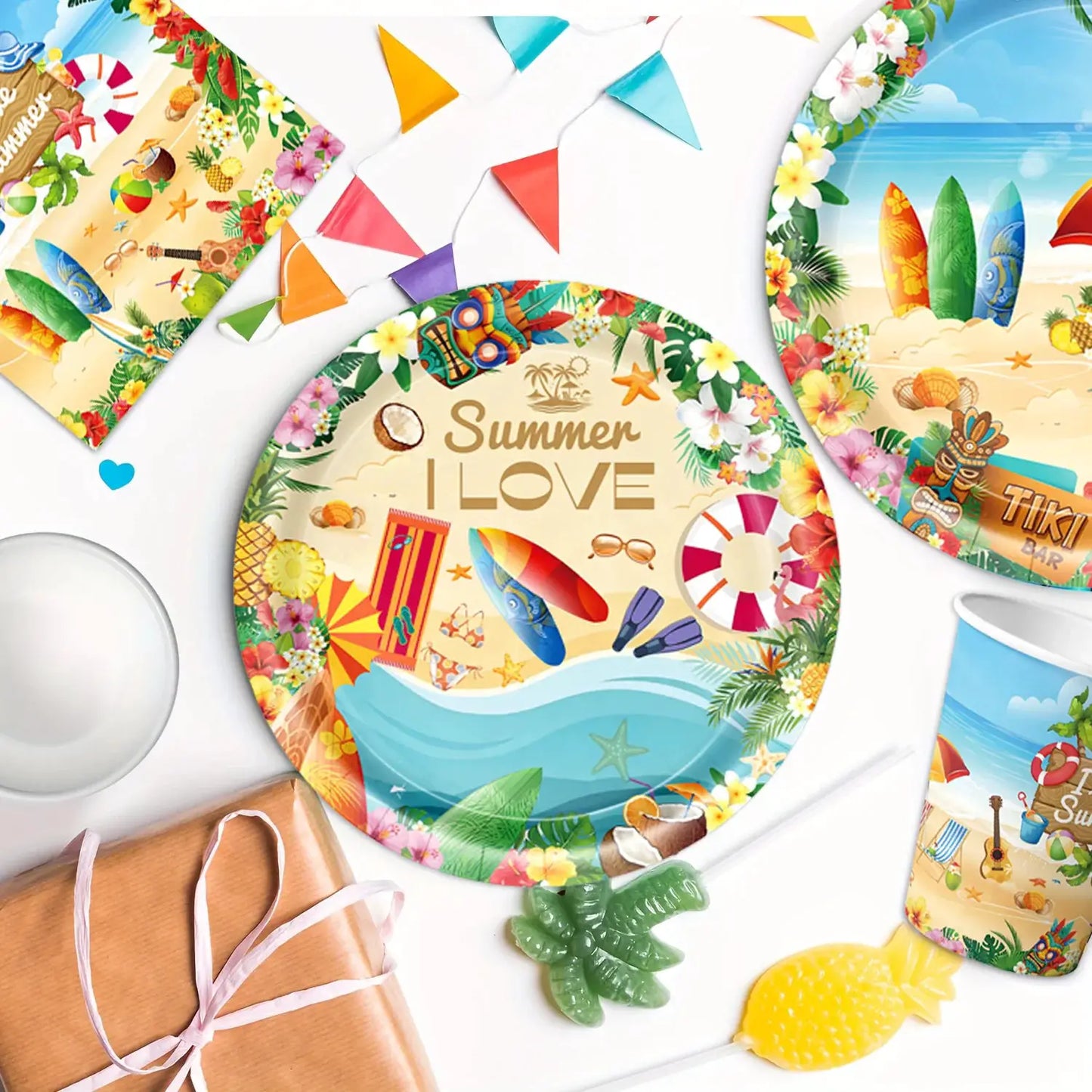 Summer Beach Party Tableware Set | Paper Plates Cups Napkins With Tablecloth