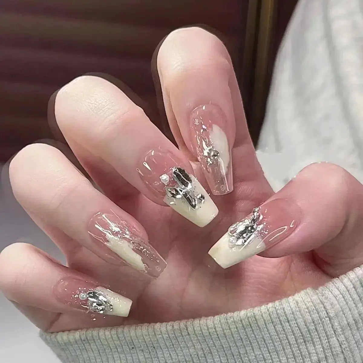 Press On Nails | Long Square Shape | Pink Blue Gradient Glitter | 24 Piece Set