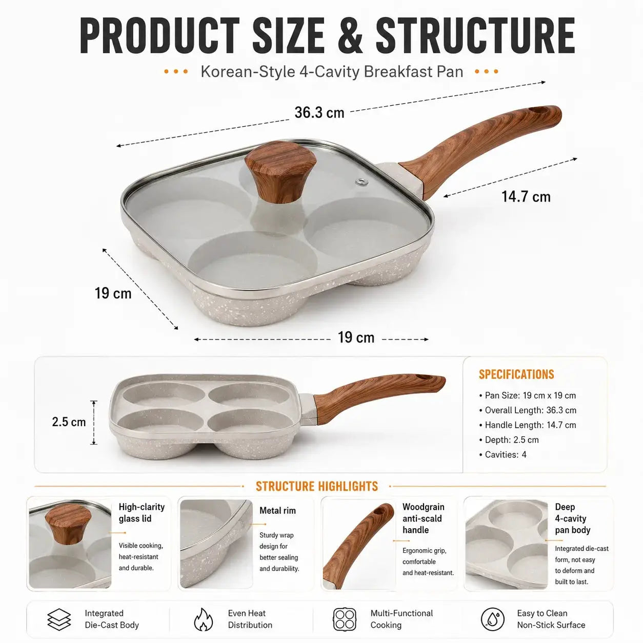Egg Frying Pan | 4-Section Divided | Aluminum Alloy | With Glass Lid