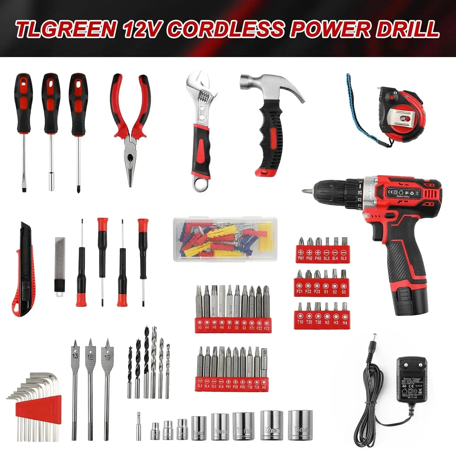 138 Pcs Power Hand Tool Set with 12V Cordless Drill, Home DIY Repairs Maintenance Tool Box,Combination Tool Kit from PriceLows™