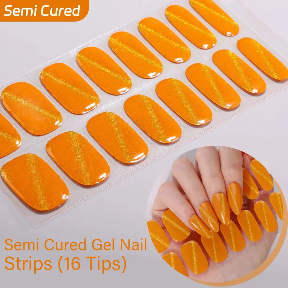 16strips Cartoon UV/LED Semi Cured Gel Nail Strips Pink Glitter Cat Eye Self-Adhesive Gel Nail Wraps Full Cover UV Nail Sticker from PriceLows™