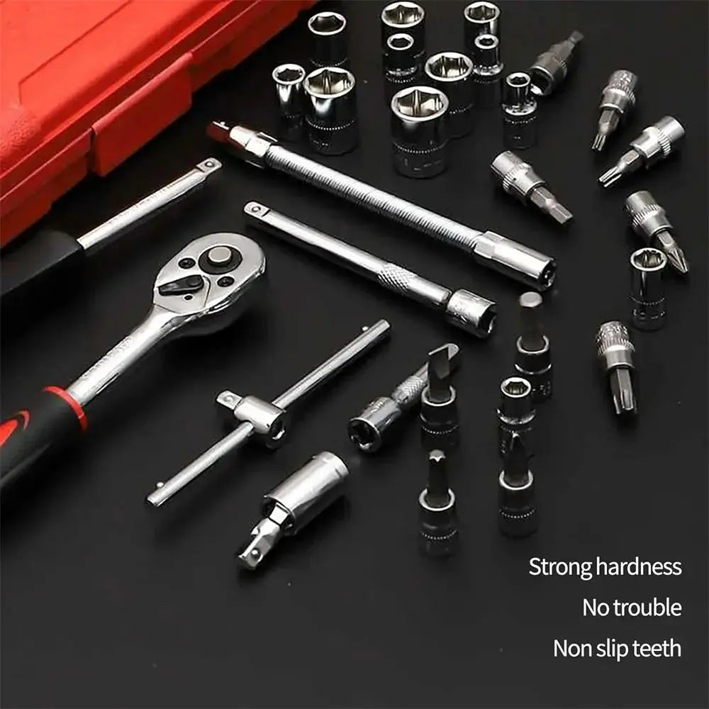 46PCS Motorcycle Toolbox Set Drive Socket Ratchet Wrench Set Complete Car Repairing Kit For Auto And Bicycle Maintenance Tools from PriceLows™
