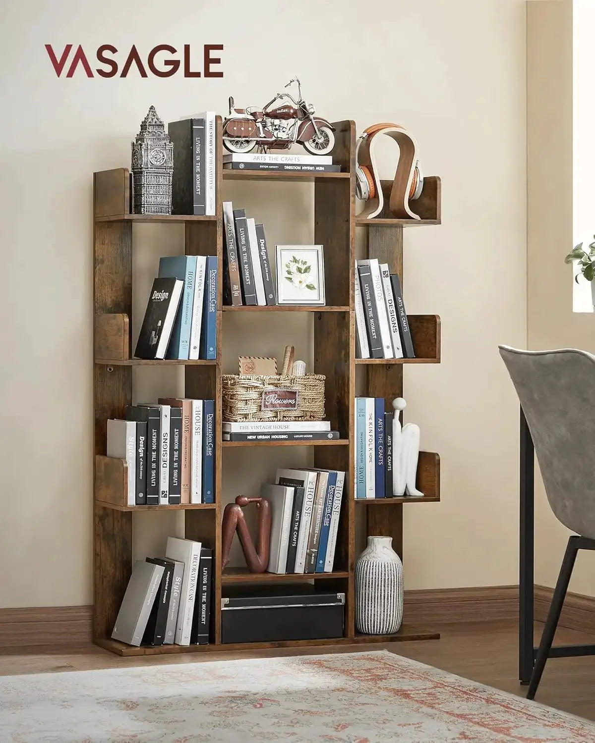 Tree-Shaped Bookcase with 13 Shelves, Rustic Brown, Compact Design for Home Storage from PriceLows™