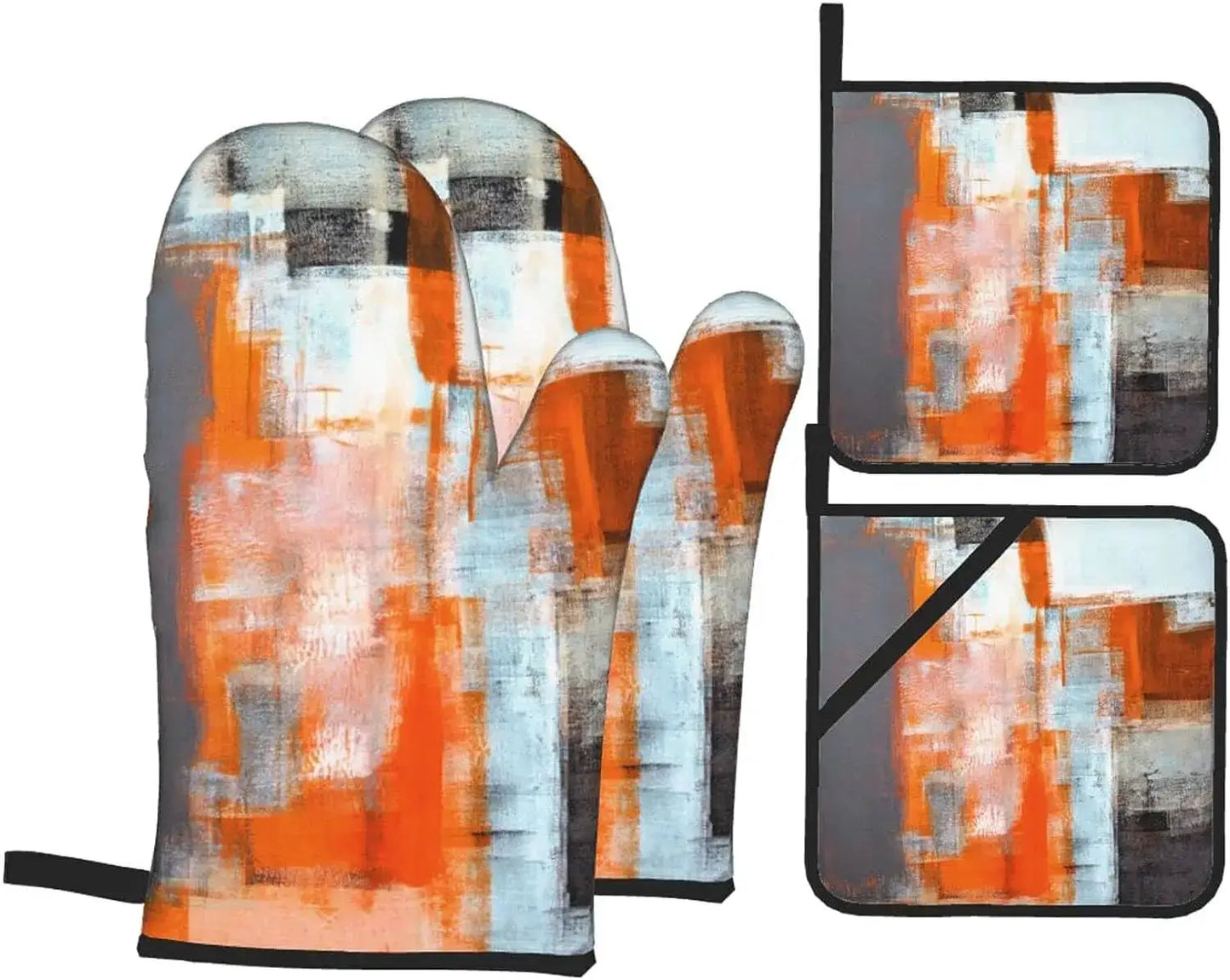 Oven Mitts Set | Abstract Art Blue Grey | Polyester Heat Resistant | 4-Piece Set