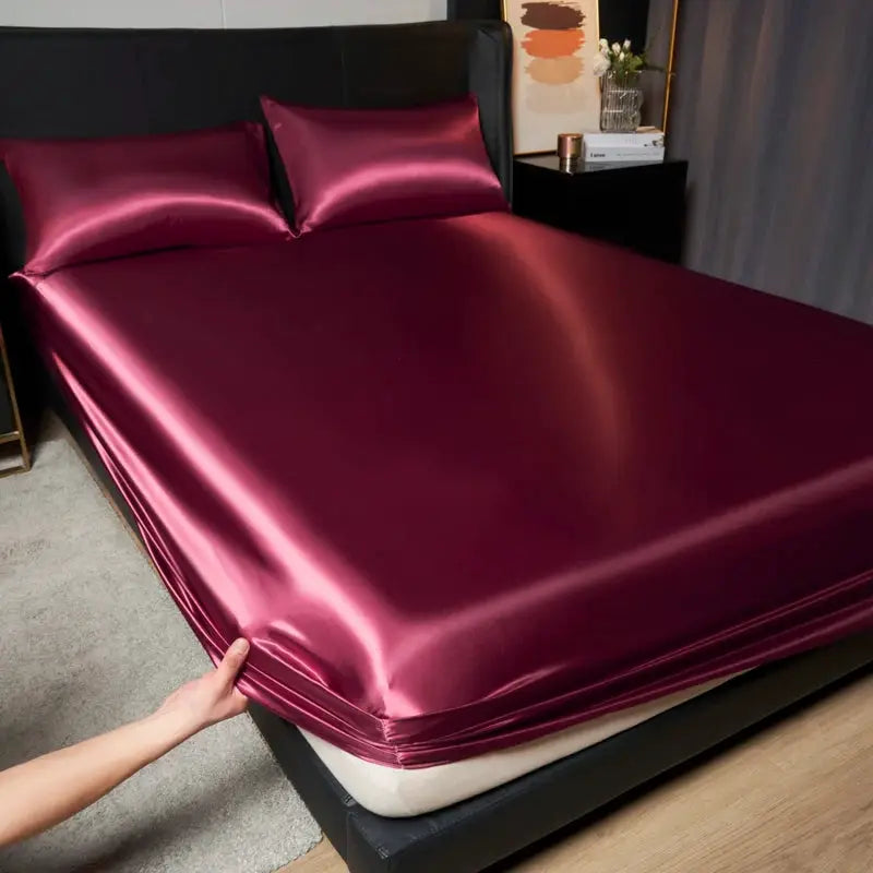 Satin Fitted Sheet | Solid Color Ice Silk | Elastic Band | Twin Full Queen