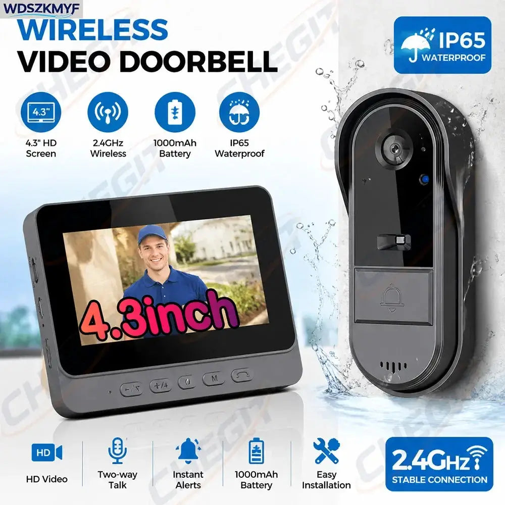 Smart Video Doorbell | 4.3 Inch Screen | Night Vision | Waterproof