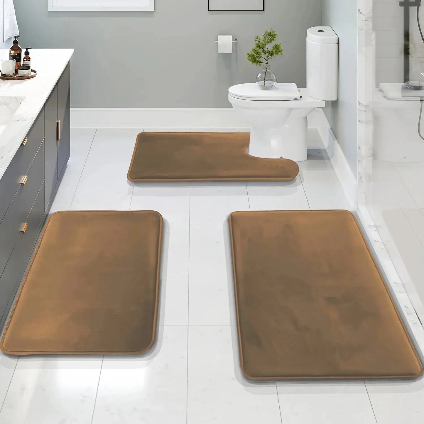 Set of 3 Durable Memory Foam Bath Mats with Non-Slip Features, Including a U-Shaped Mat And a Toilet from PriceLows™