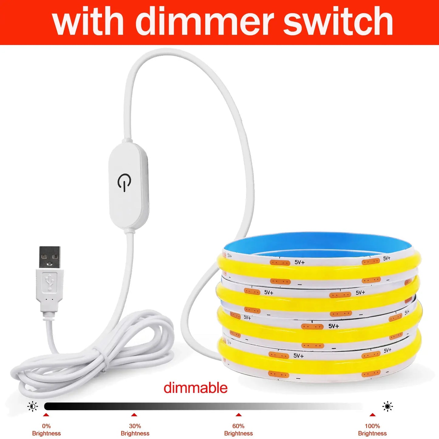 Dimmable COB LED Strip Light 5V USB Flexible LED Tape with Switch 320LEDs High Density Linear Lighting with Adhesive Tape from PriceLows™