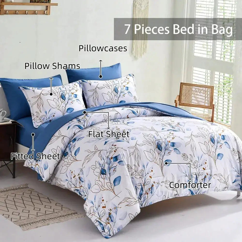 Pieces Botanical Comforter Set Queen King Size,Floral Reversible Bed In A Bag Gold Blue Leaves Bedding Set Queen 1 Comforter,2 P from PriceLows™