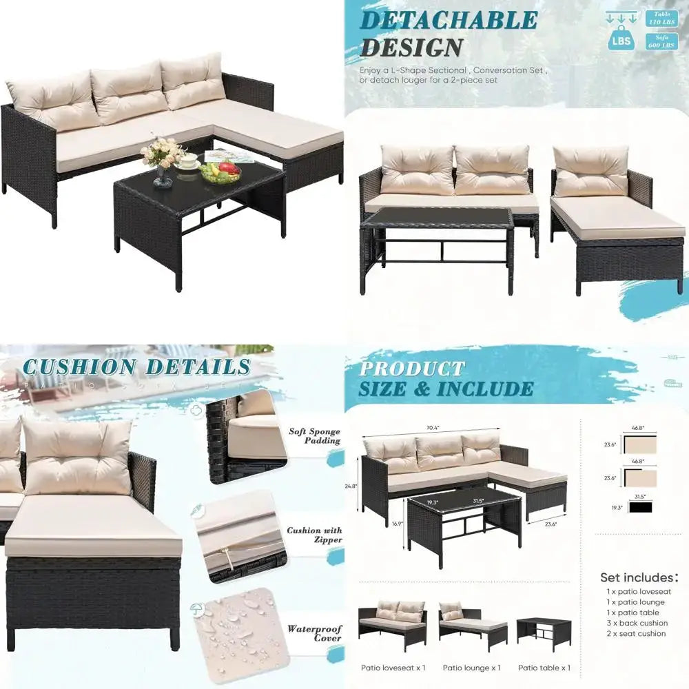 Light Beige Outdoor Wicker Sectional Sofa Set with Cushions and Coffee Table for Patio, Garden, Porch, Poolside from PriceLows™