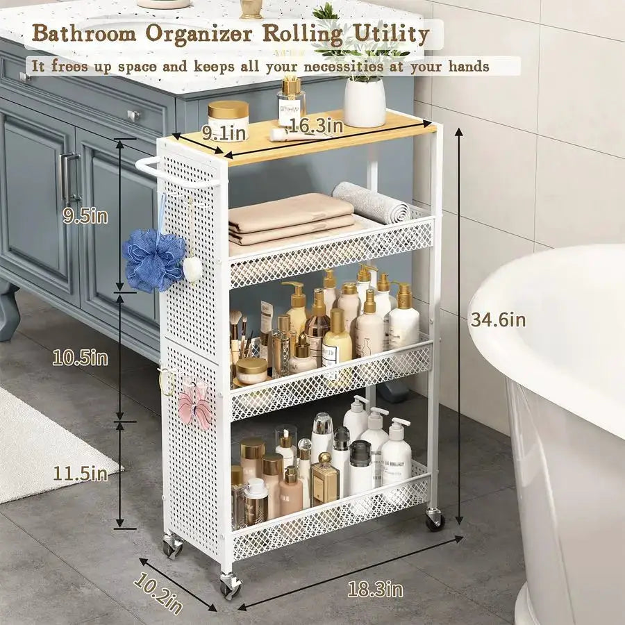 Slim Storage Cart 4 Tier Small Rolling Kitchen Laundry Room Organization Cart with Wood Top Metal Narrow Laundry Room Shelves Ca from PriceLows™