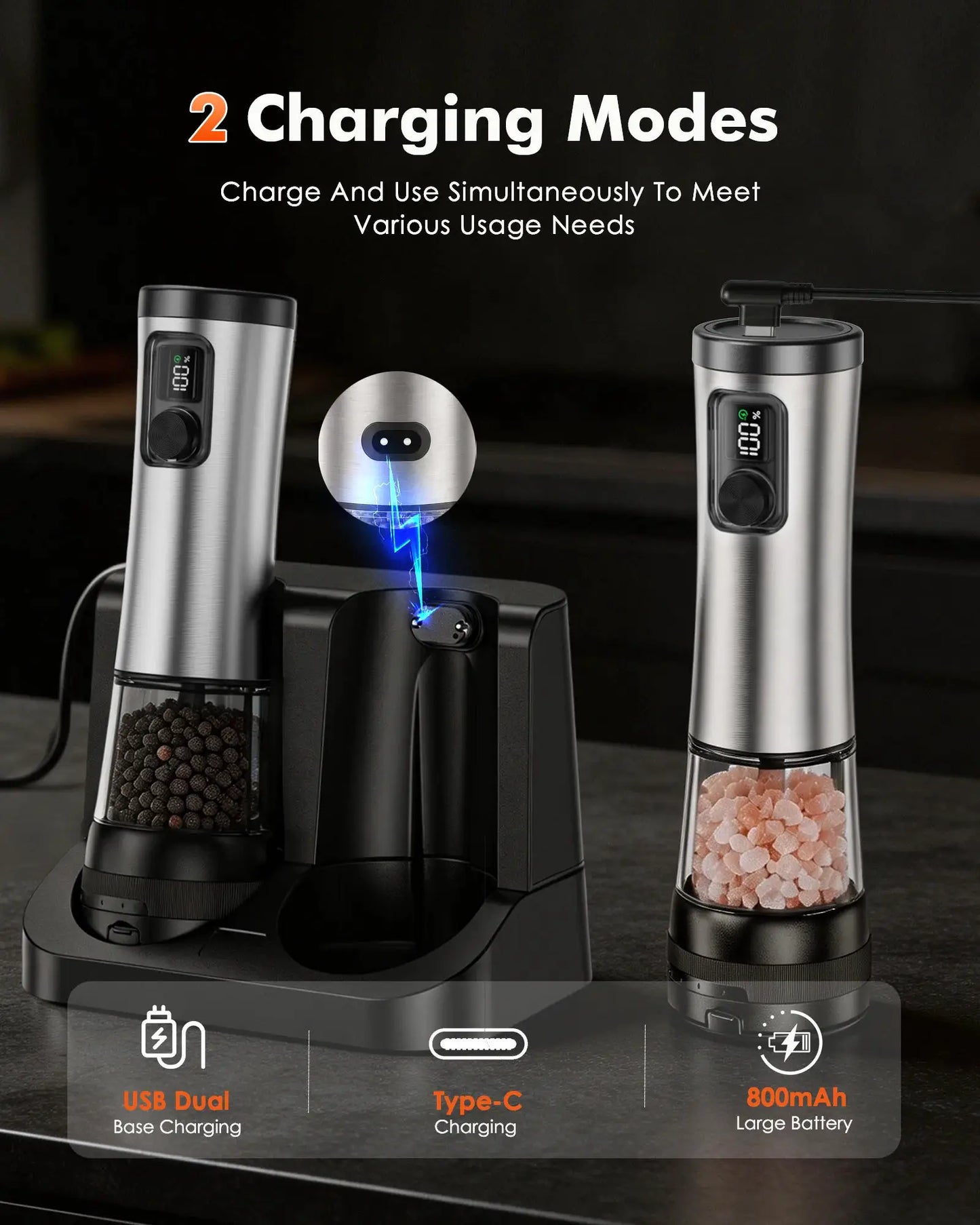 Automatic Salt And Pepper Grinder Set | Rechargeable Base | LED | 2-Piece Set