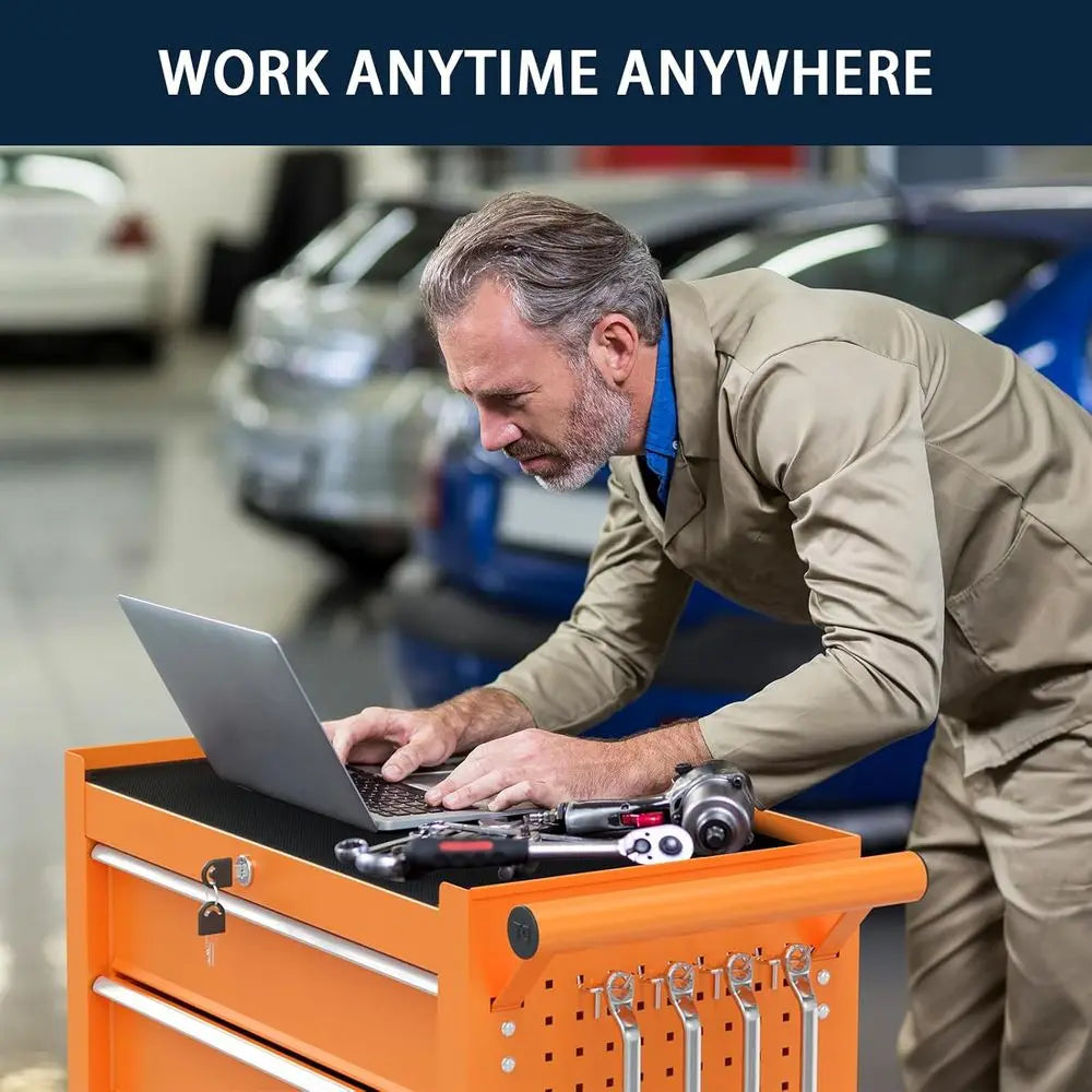 Orange 5-Drawer Metal Rolling Tool Chest with Lockable Cabinet and Wheels for Garage, Workshop, and Repair Shop Storage from PriceLows™