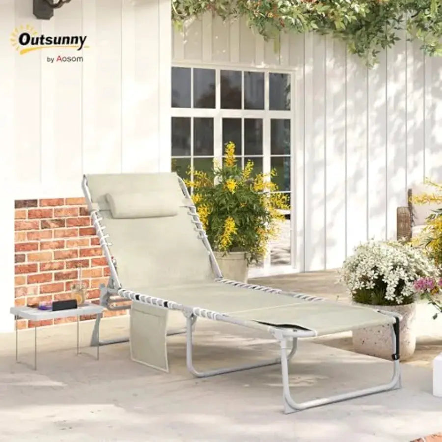 Outdoor tanning chair with face hole and side table, beige breathable mesh, 5-position reclining folding chaise lounge for beac from PriceLows™