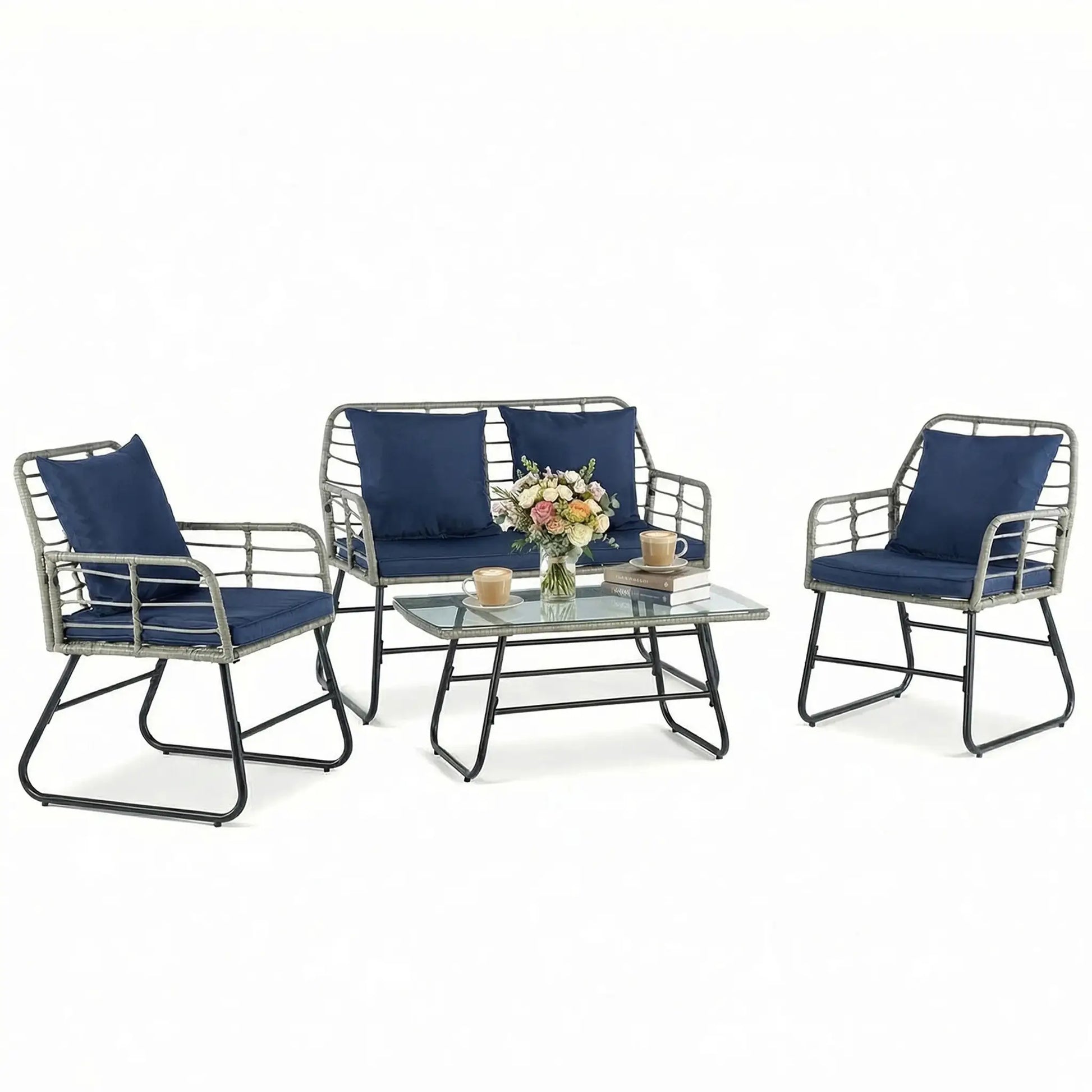 JHK Outdoor Wicker Patio Furniture Set 4 Pieces with Soft Cushion and Glass Table Manual Weaving Patio Chairs For Garden Lawn from PriceLows™
