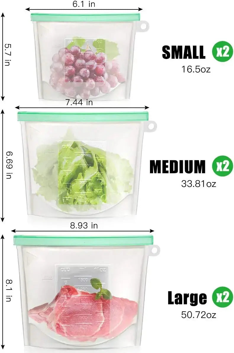 Silicone Food Storage Bags | Extra Thick | Leakproof | 6 Pack