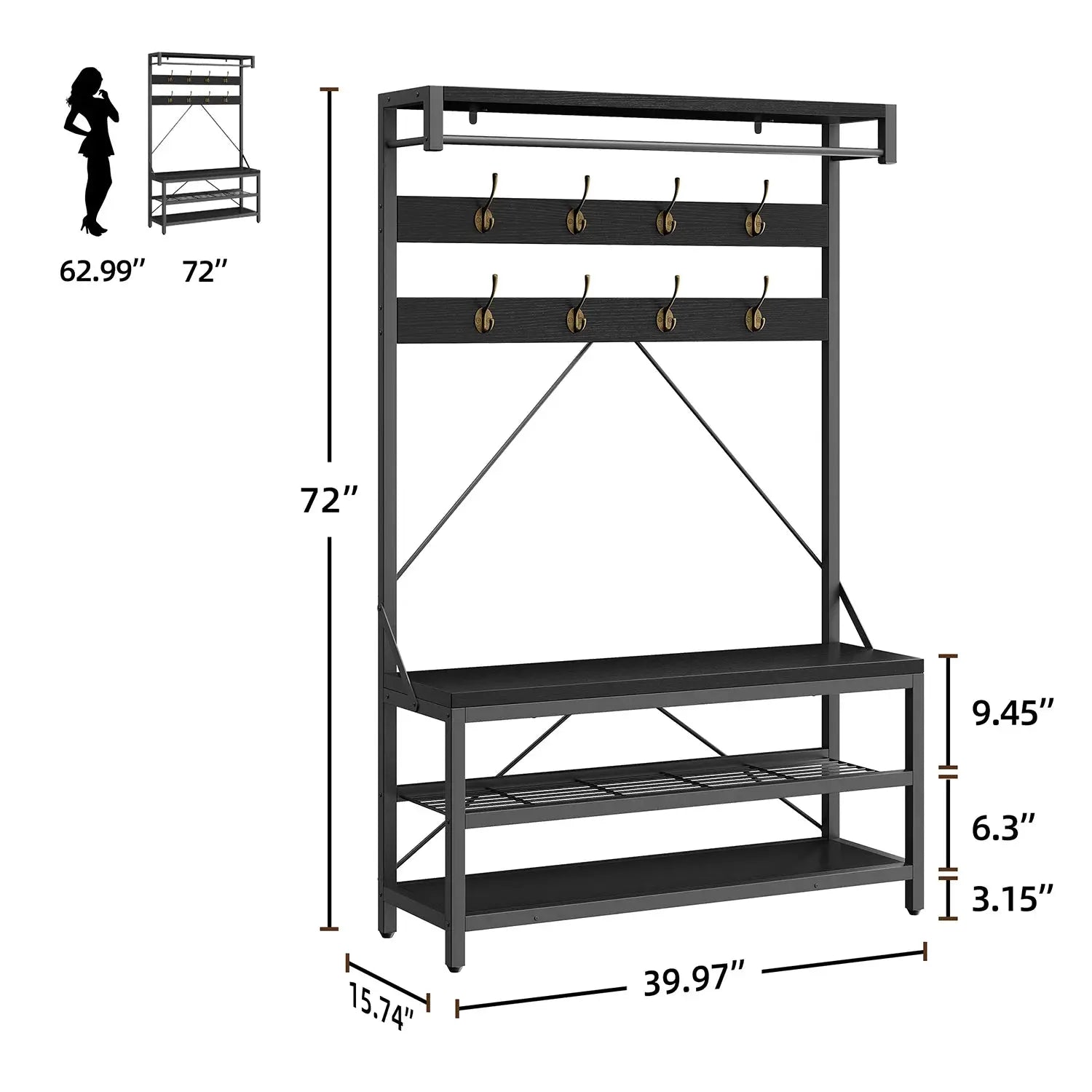 72Inch Tall Coat Rack 5-in-1 Shoe Rack Shoe Bench with Storage shelves 8 Hooks Industrial Accent Furniture Hallway Organizer from PriceLows™
